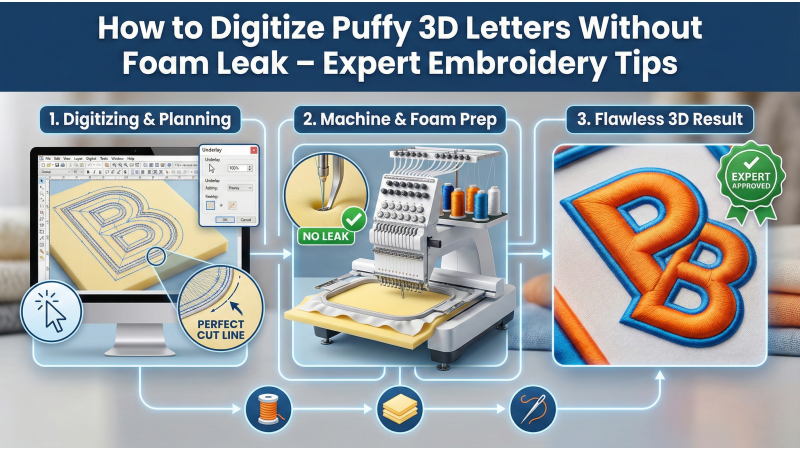 How to Digitize Puffy 3D Letters Without Foam Leak – Expert Embroidery Tips